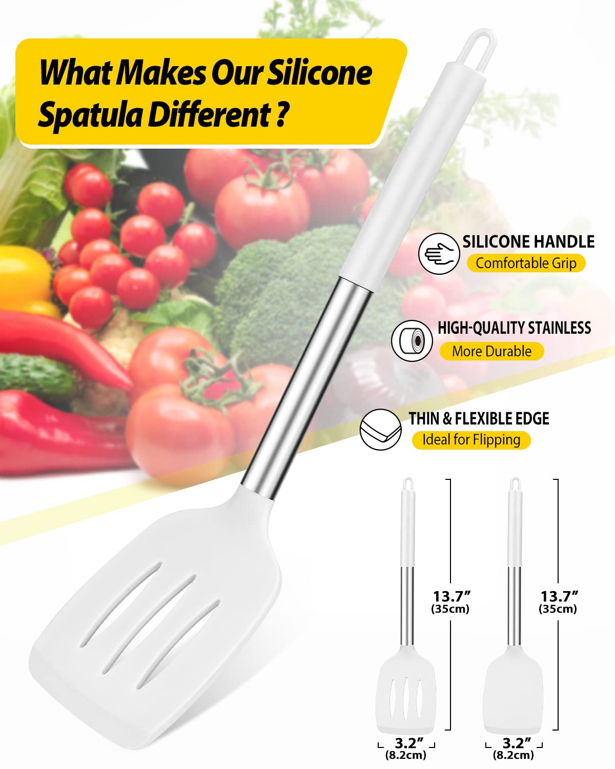 BUNDLEPRO espátula de silicona ranurada blanca, ideal para escurrir salsas.