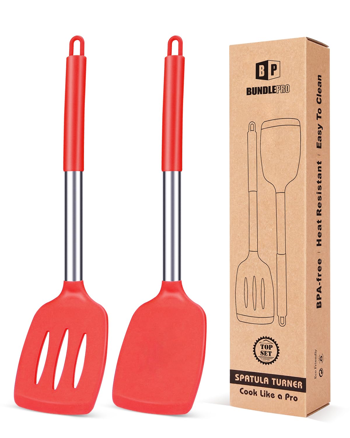 Espátula silicona roja de Bundlepro, paquete doble para cocinar y voltear con seguridad.