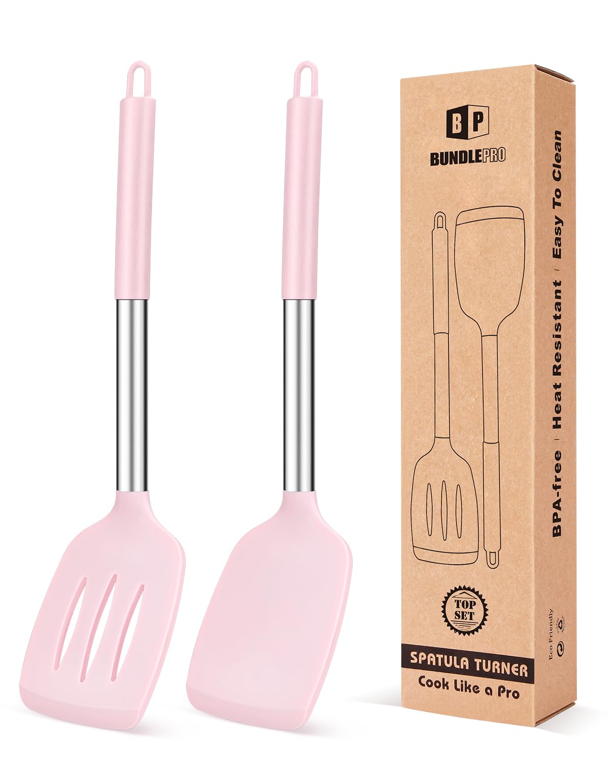 Bundlepro espátula de silicona rosa con cabeza antiadherente para platos delicados.