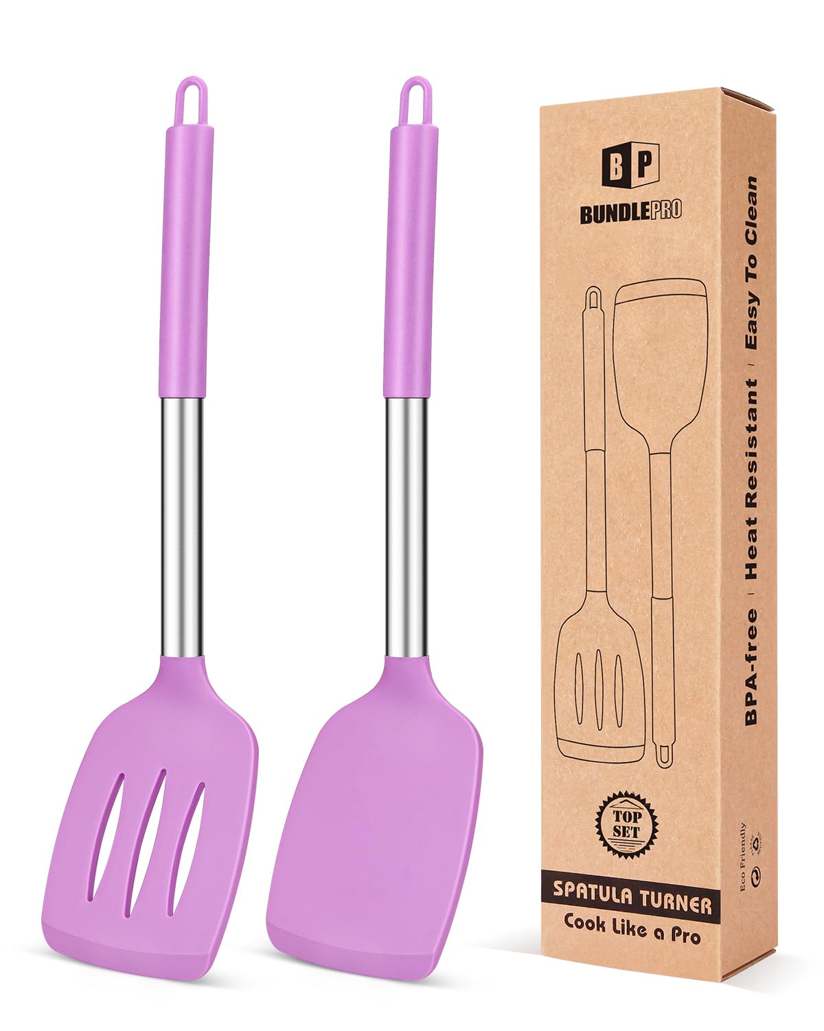 BundlePro espátula de silicona morada, voltea sin rayar superficies.
