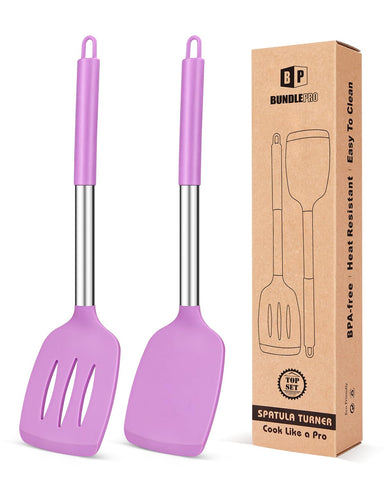 BundlePro espátula de silicona morada, voltea sin rayar superficies.