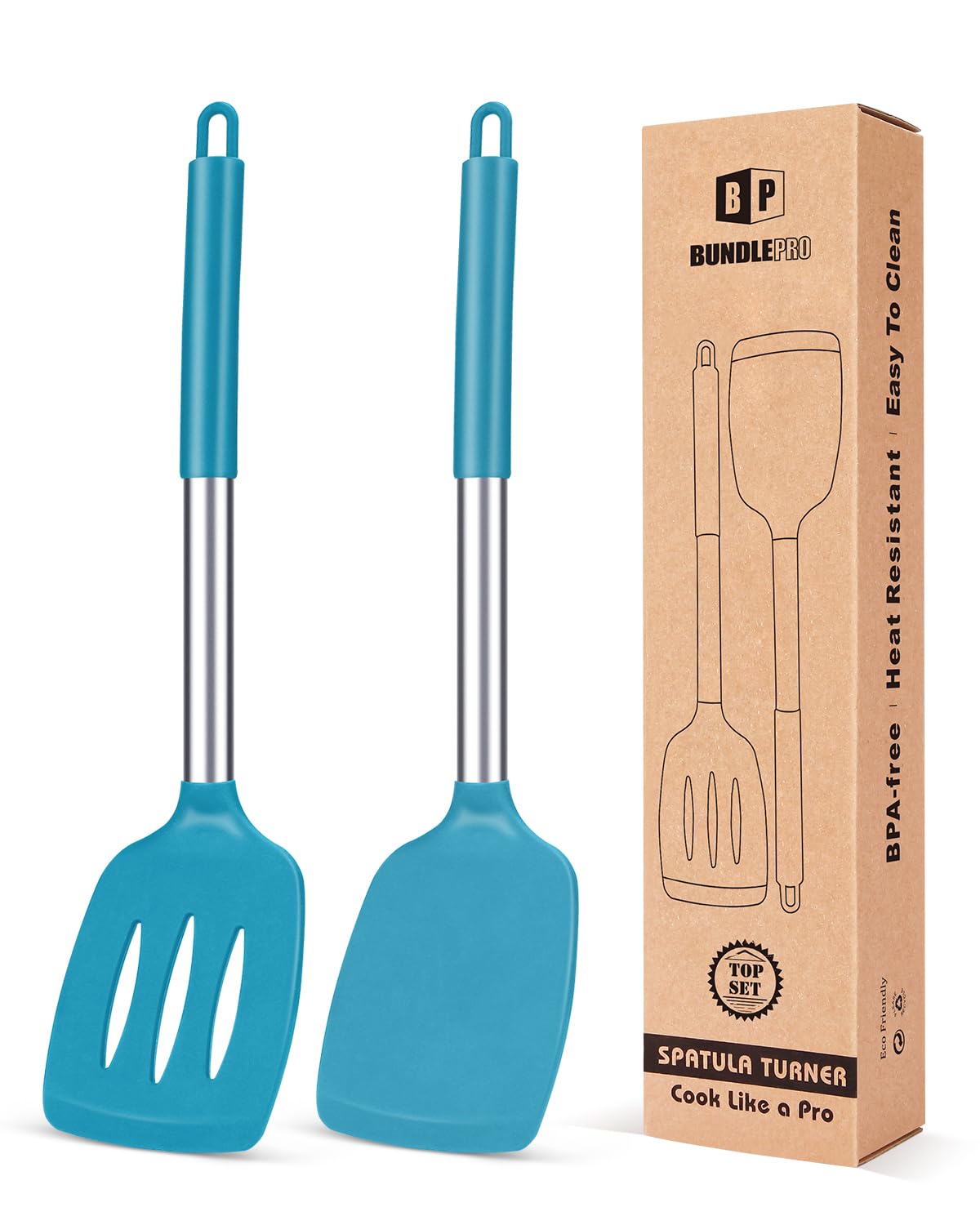 Espatula de silicona Bundlepro con cabeza azul, ideal para voltear alimentos sin rayar superficies.