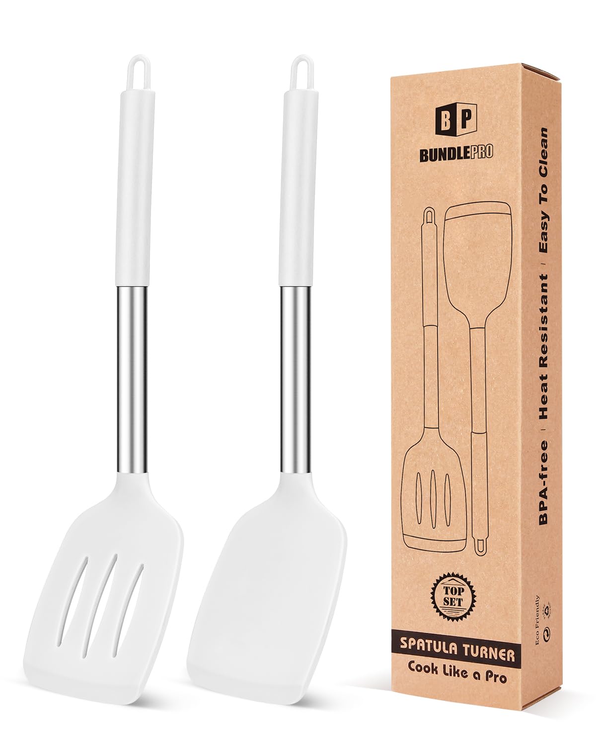 BUNDLEPRO espátula de silicona sólida blanca, apta para cocinar sin rayar.