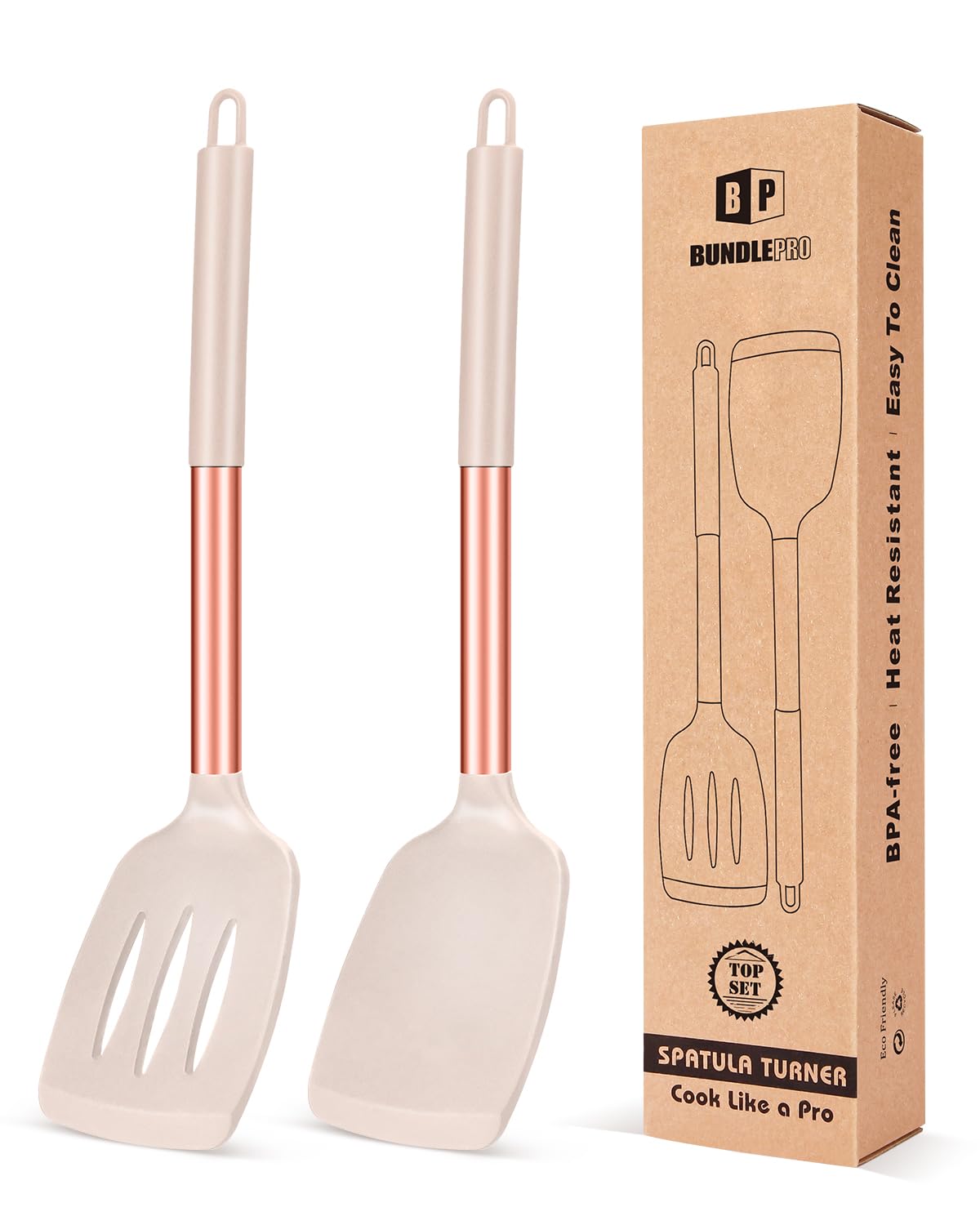 Espátula sólida de Bundlepro en rosa oro, ideal para voltear sin rayar.