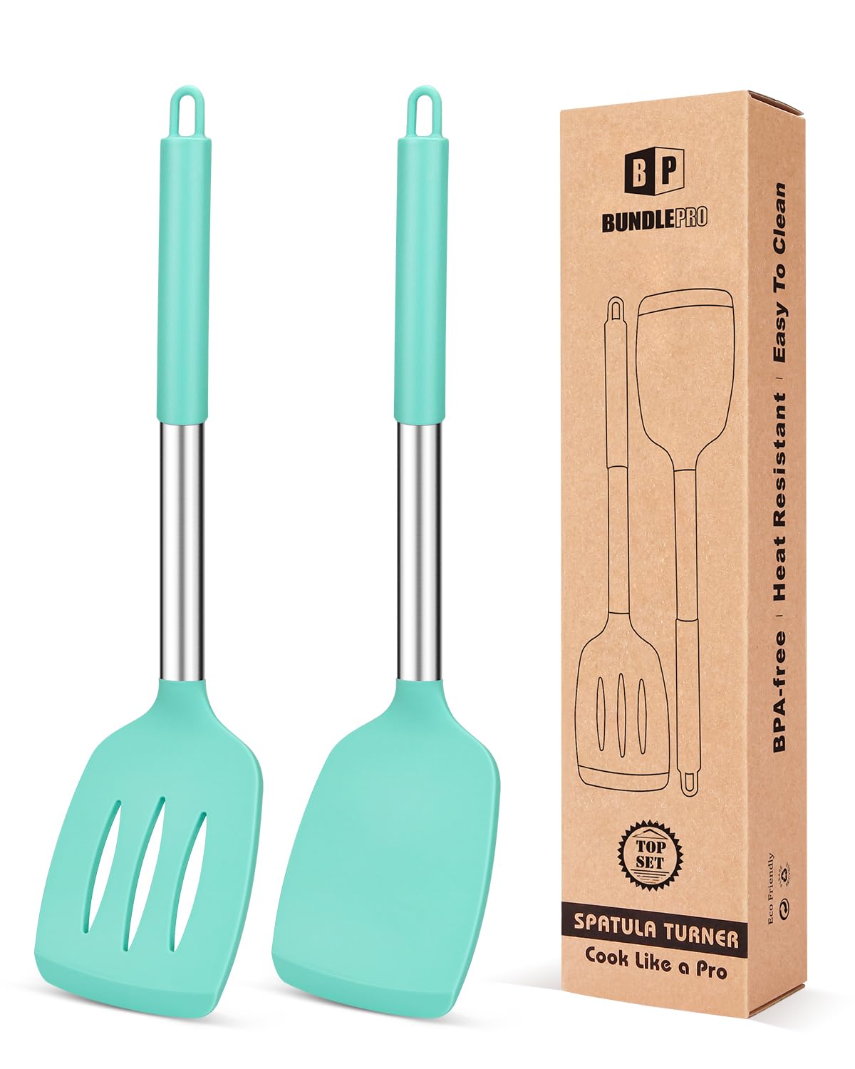 Espatula silicona verde de Bundlepro, pack de dos, ideal para voltear huevos sin rayar