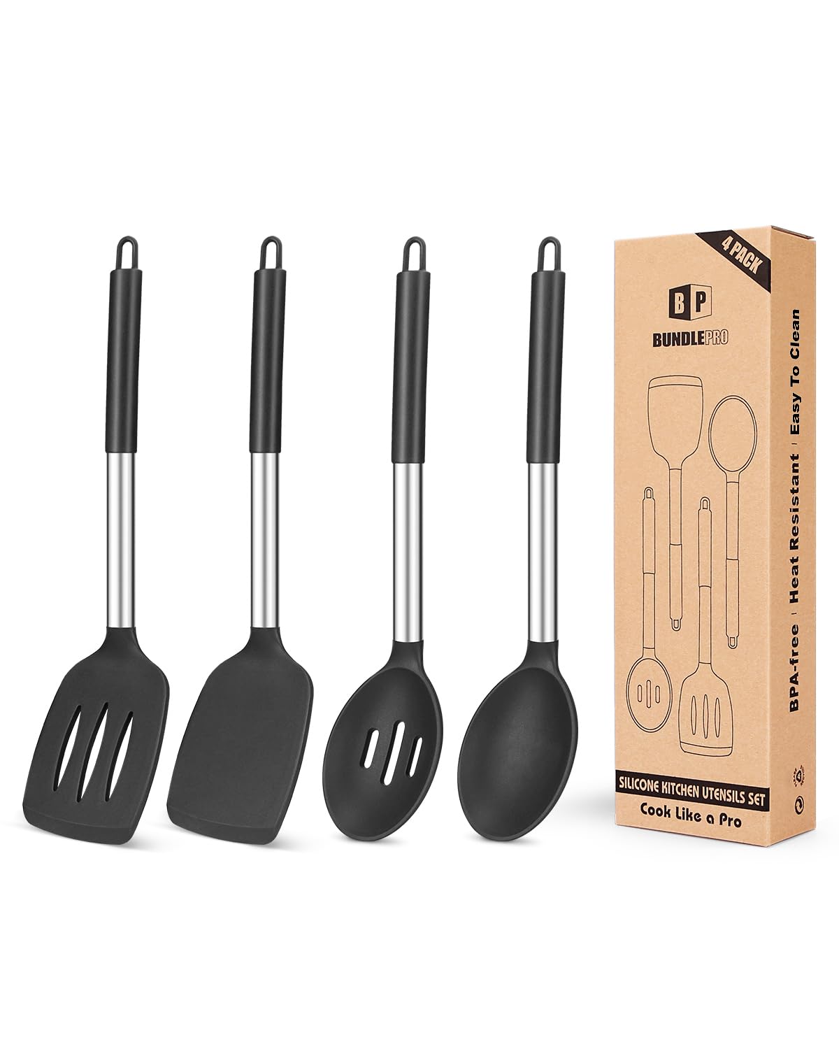 BUNDLEPRO: vista general del set de utensilios de silicona para cocina, ideal para uso diario.