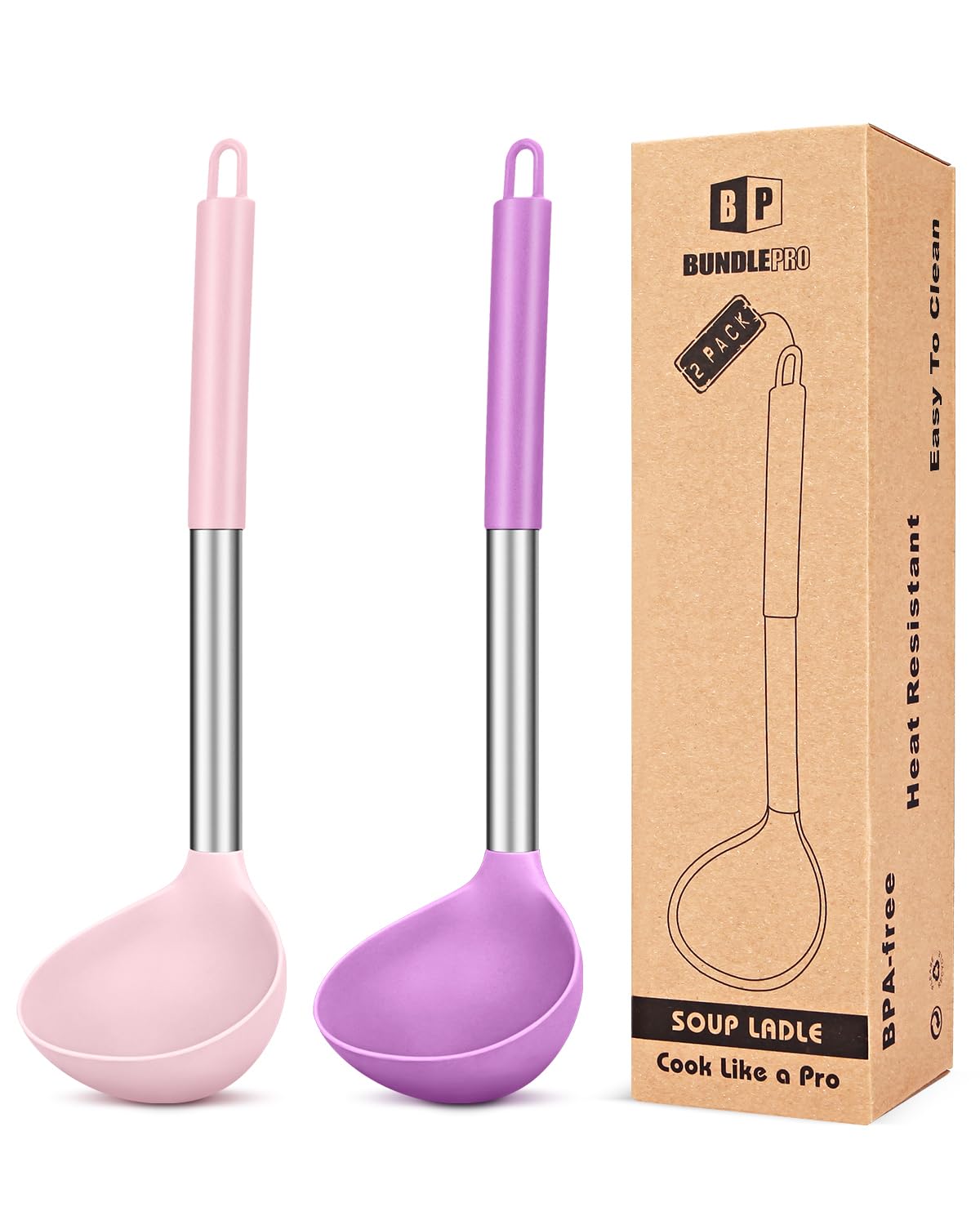 Cucharones de silicona BUNDLEPRO, pack de 2, rosa-purpura, para servir sopas sin rayar ollas