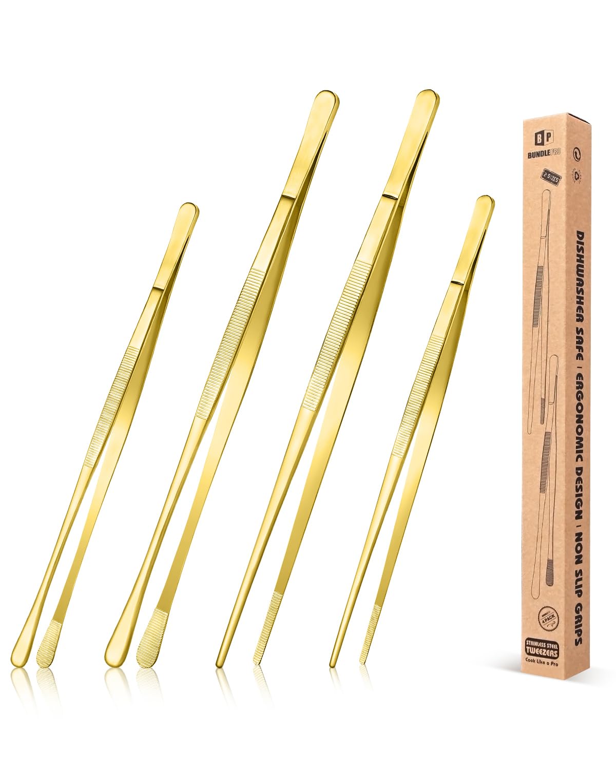Bundlepro pinzas largas de 12 pulgadas doradas para manejo preciso de alimentos