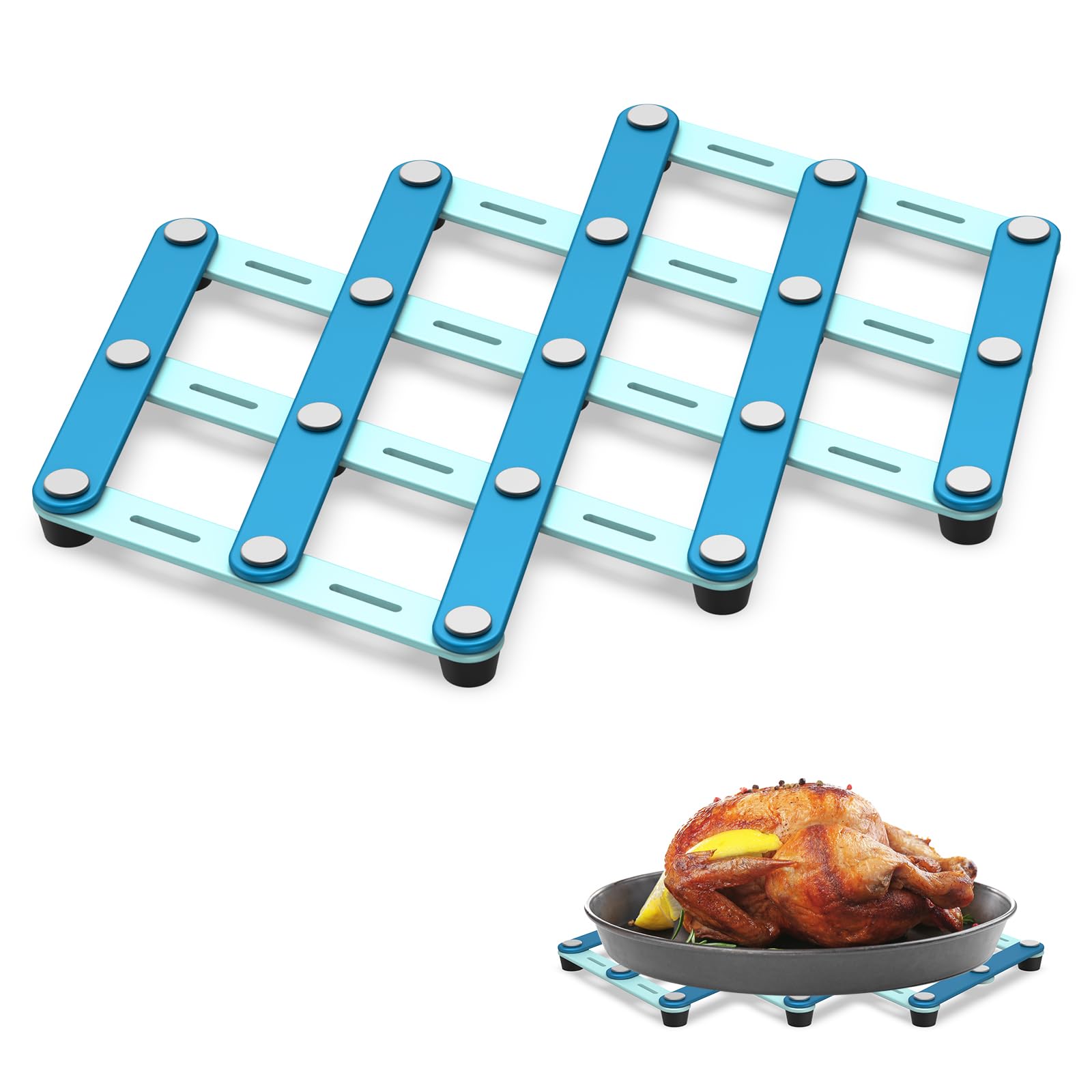 BURLIHOME trivet de acero inoxidable con ajuste flexible en dos tonos azul.