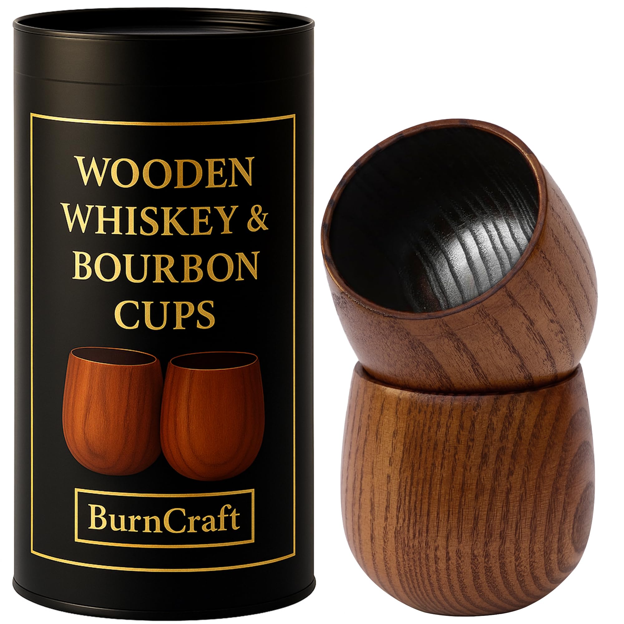 Burncraft vasos whisky madera carbonizada, juego de 2 para degustación suave en casa.
