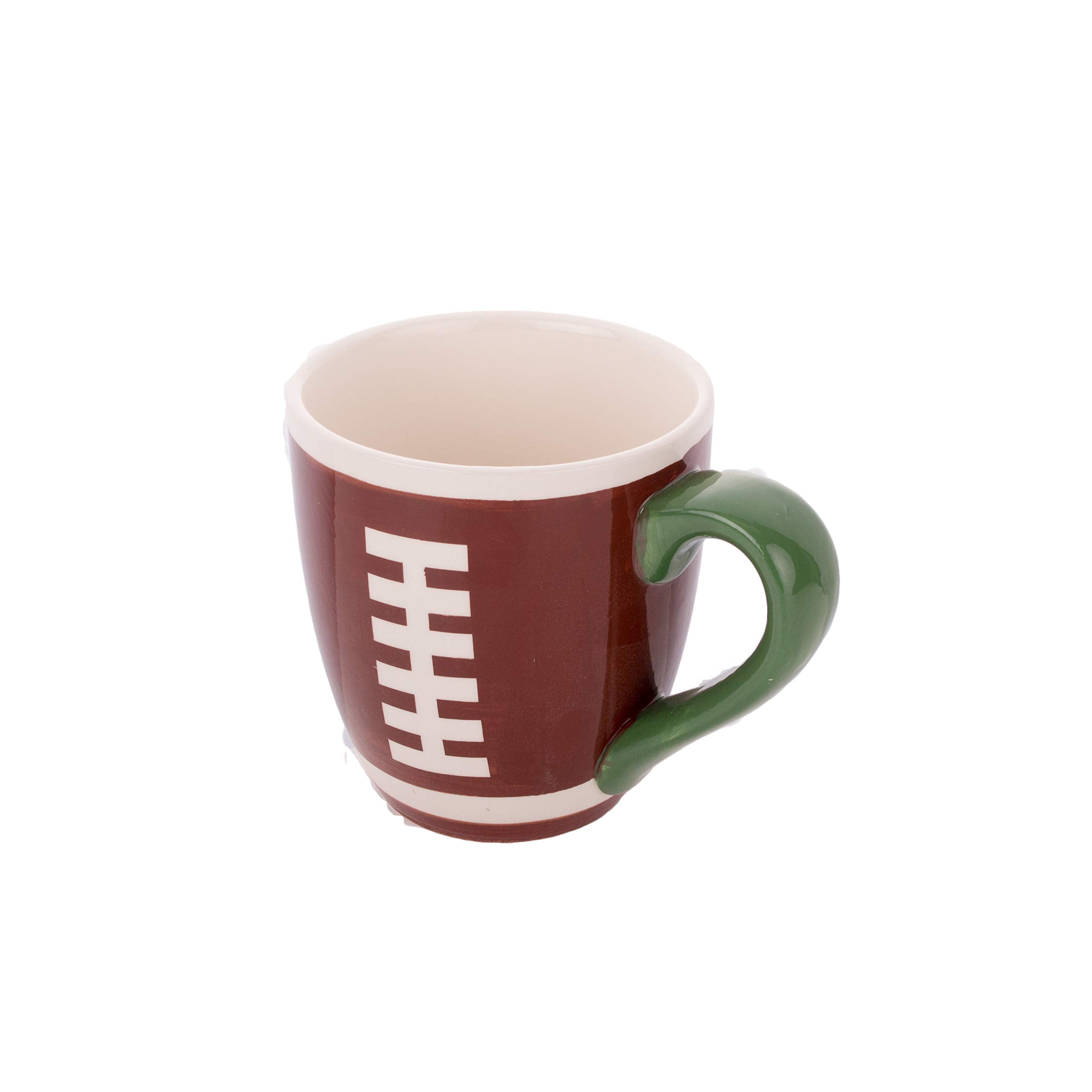 Taza Burton con diseño fútbol, detalle del mango, ideal para bebidas calientes.