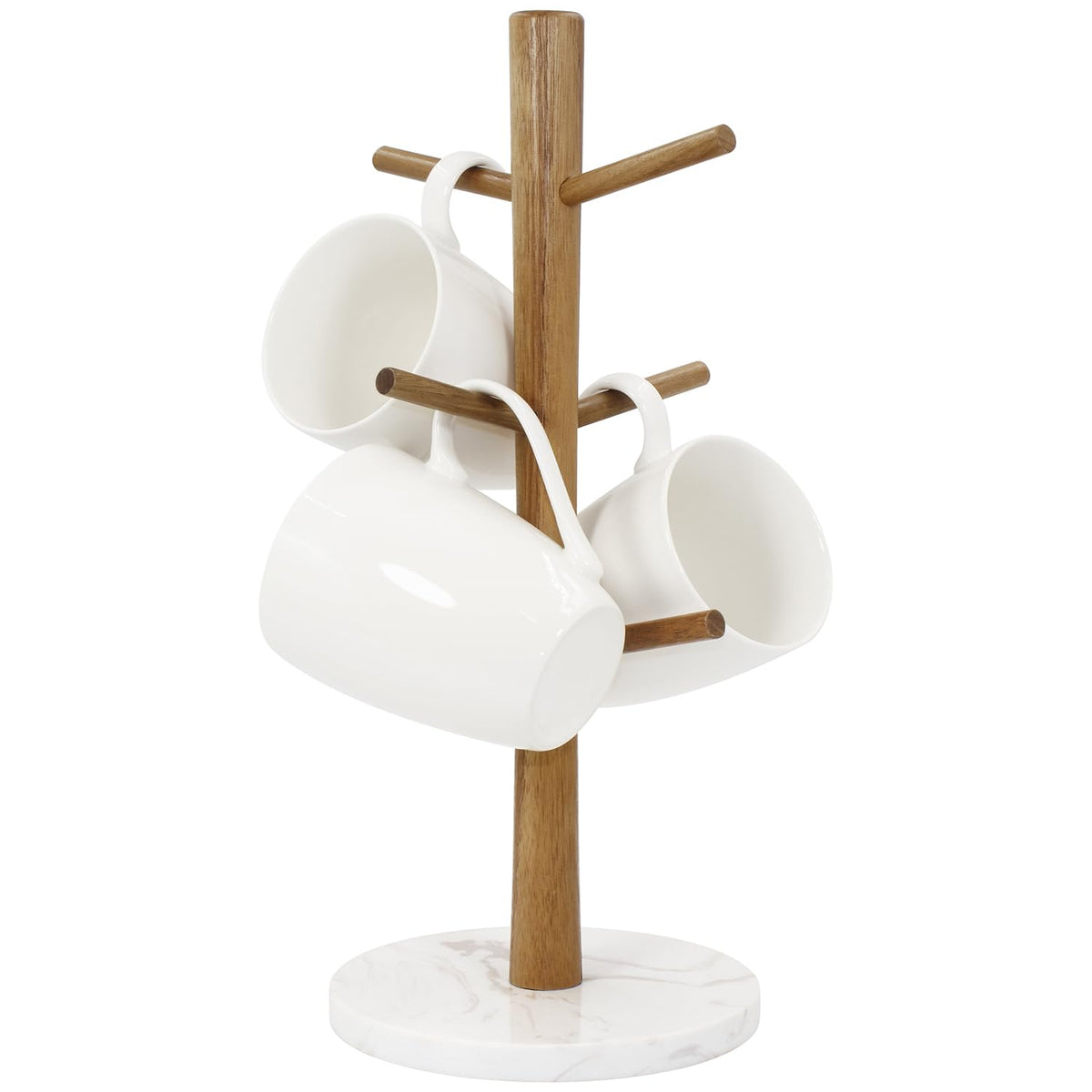Buruis soporte tazas con base de marmol y rama de madera, organizacion elegante.