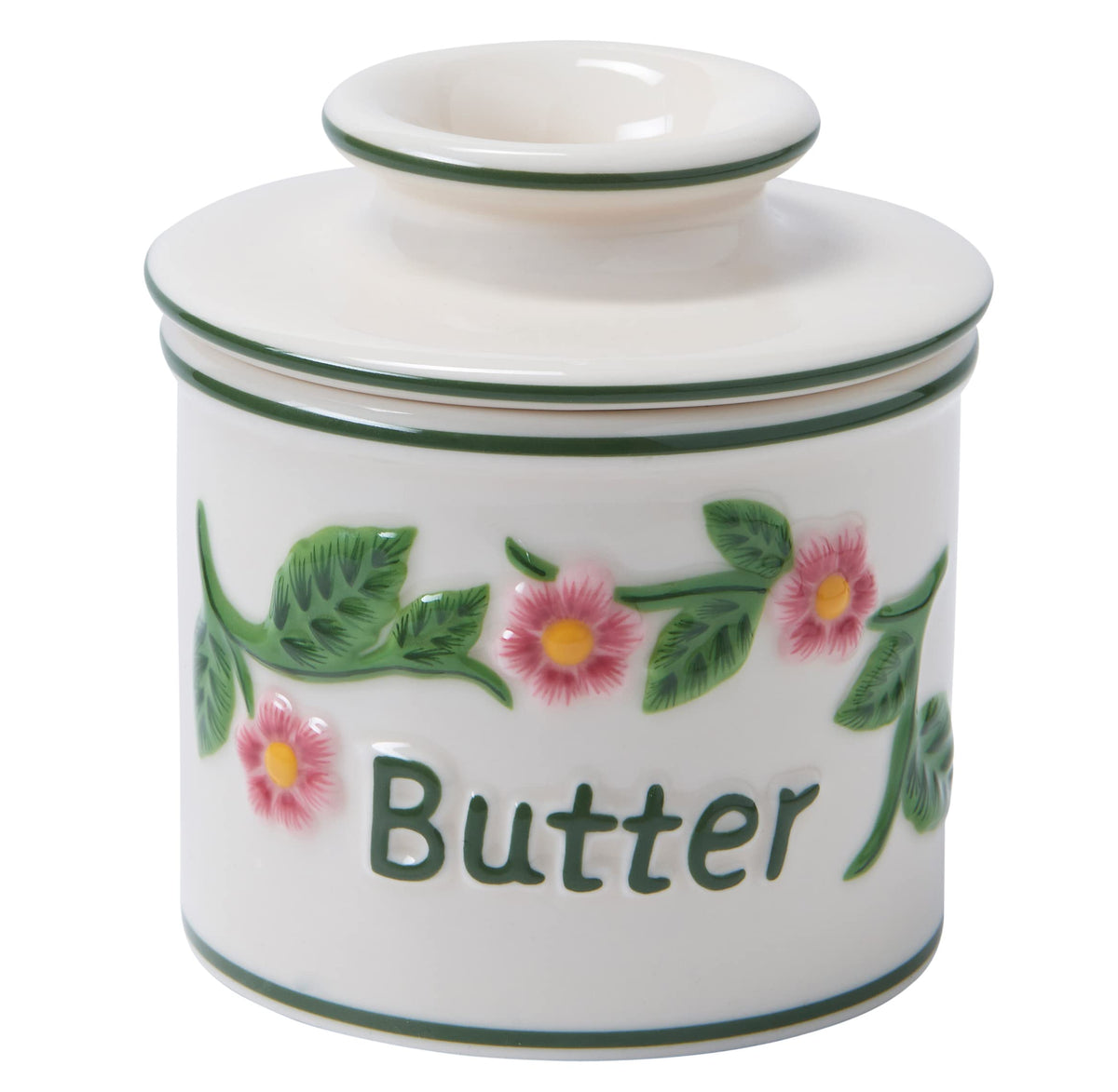 Butter Bell cerámica original con rosas en relieve para una mesa elegante.