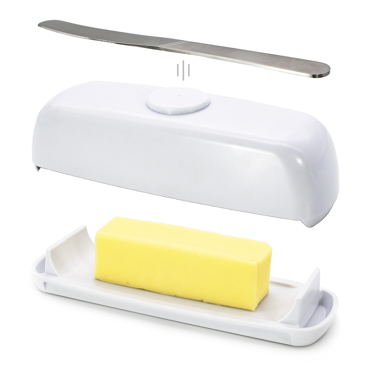 Butter Hub mantequera con tapa y cuchillo magnético para transportar con una sola mano.