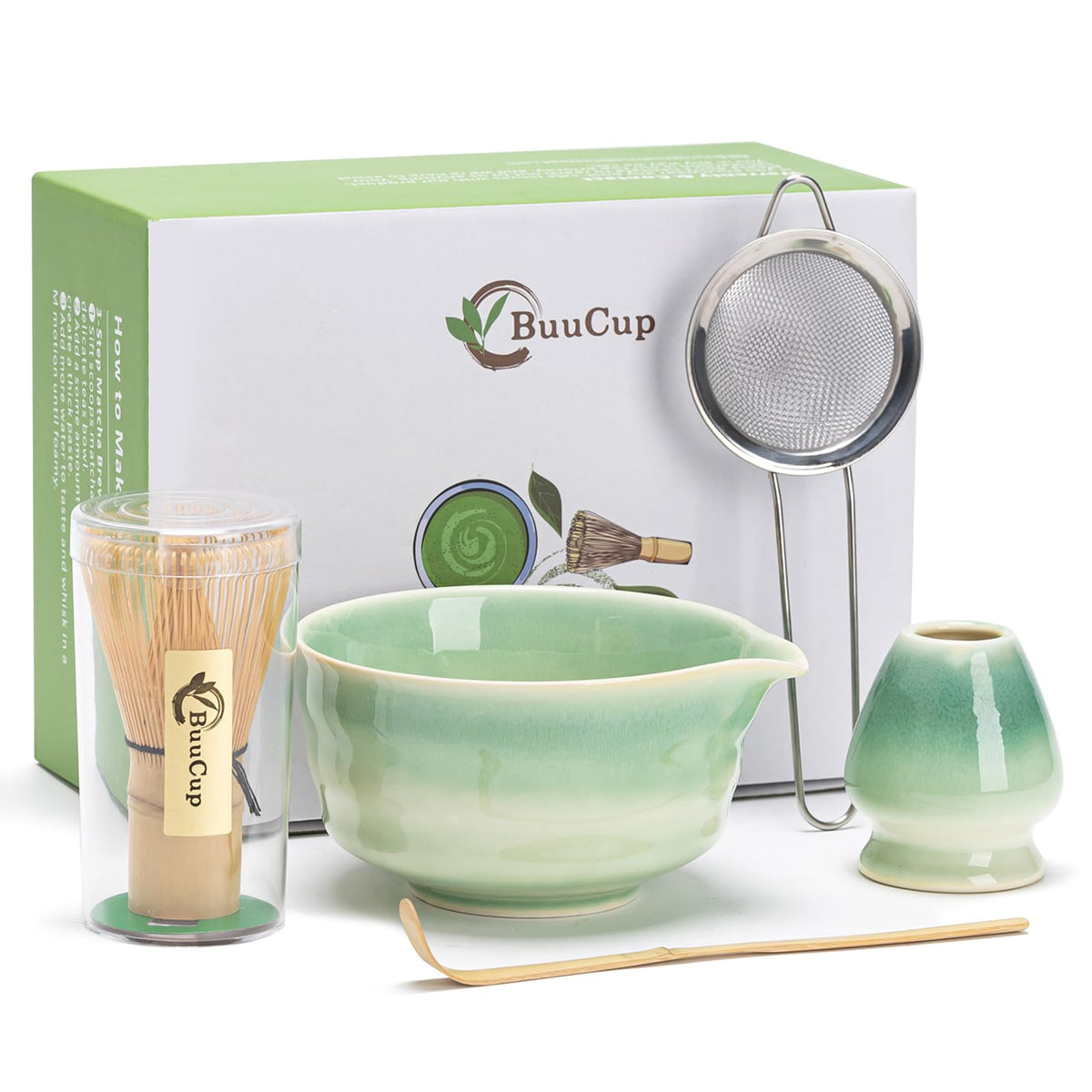 Set Buucup de matcha con gradiente verde para ceremonia serena