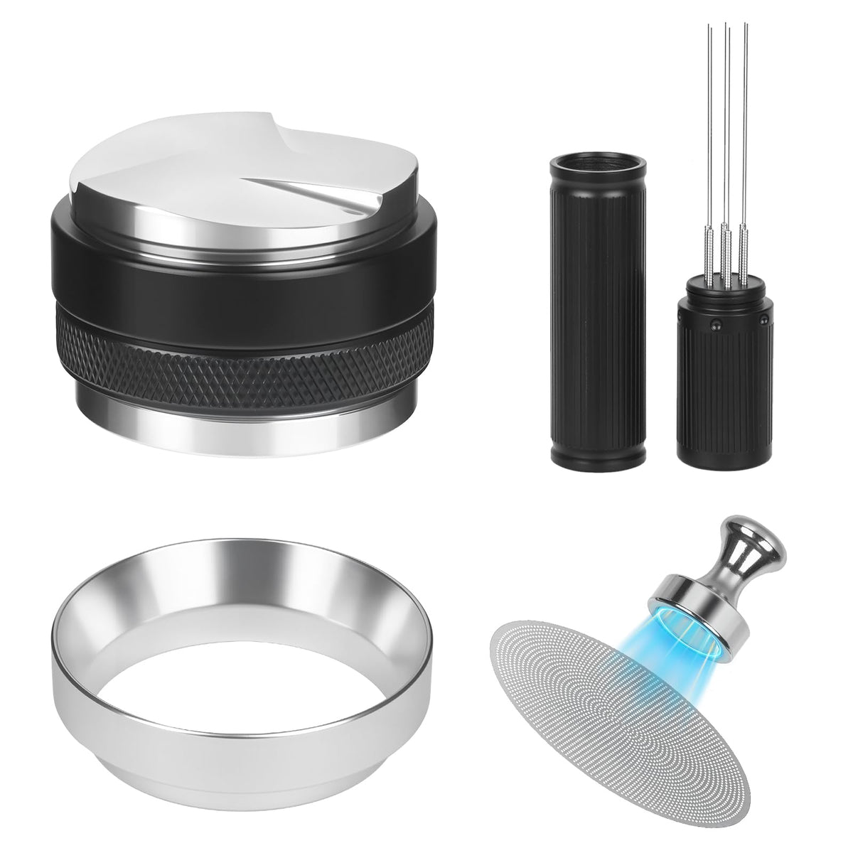 BUWILRQ distribuidor-prensador doble para 58mm, distribución pareja y extracción consistente para espresso.
