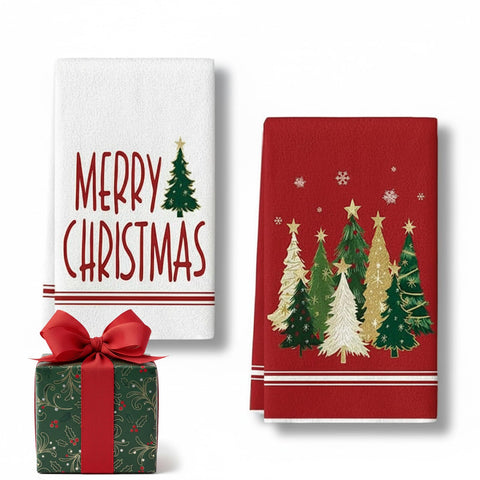 Toallas BuyaCraft con árbol navideño, ideales para secar platos con estilo festivo.
