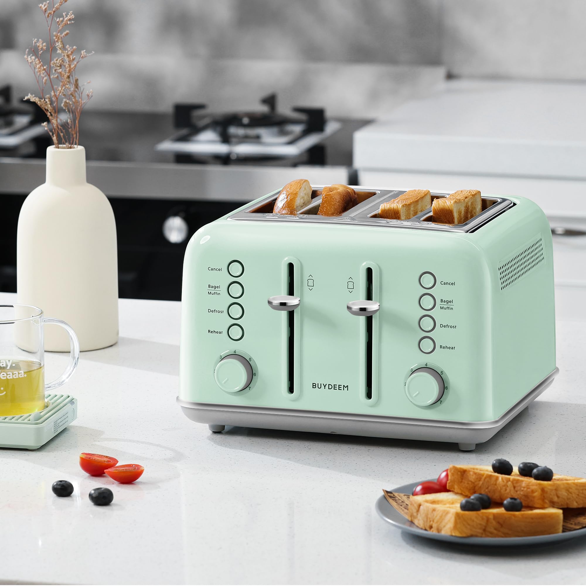 BUYDEEM DT640 tostadora retro verde, acabado inoxidable para cocinas modernas.