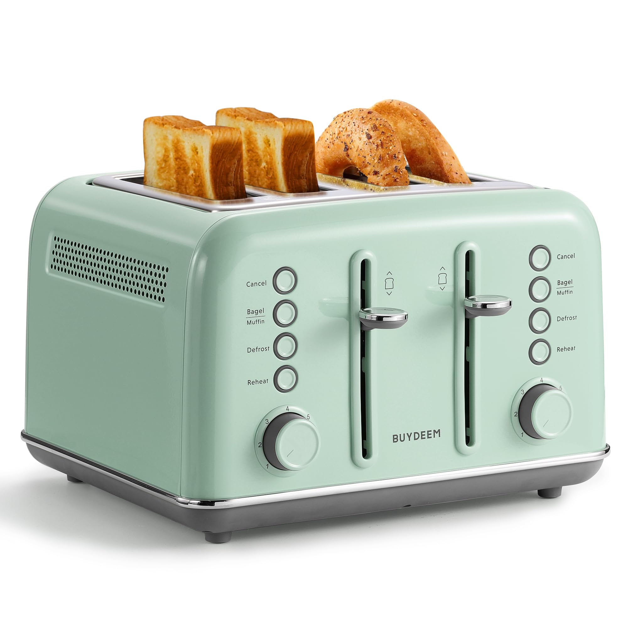 BUYDEEM DT640 tostadora retro verde, vista frontal para desayunos prácticos.