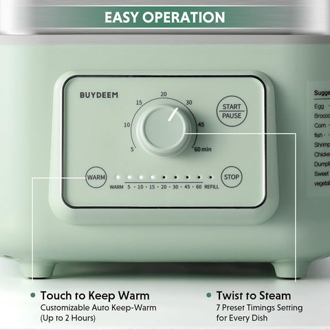 BUYDEEM G52 panel de controles con tiempos predefinidos para recetas.