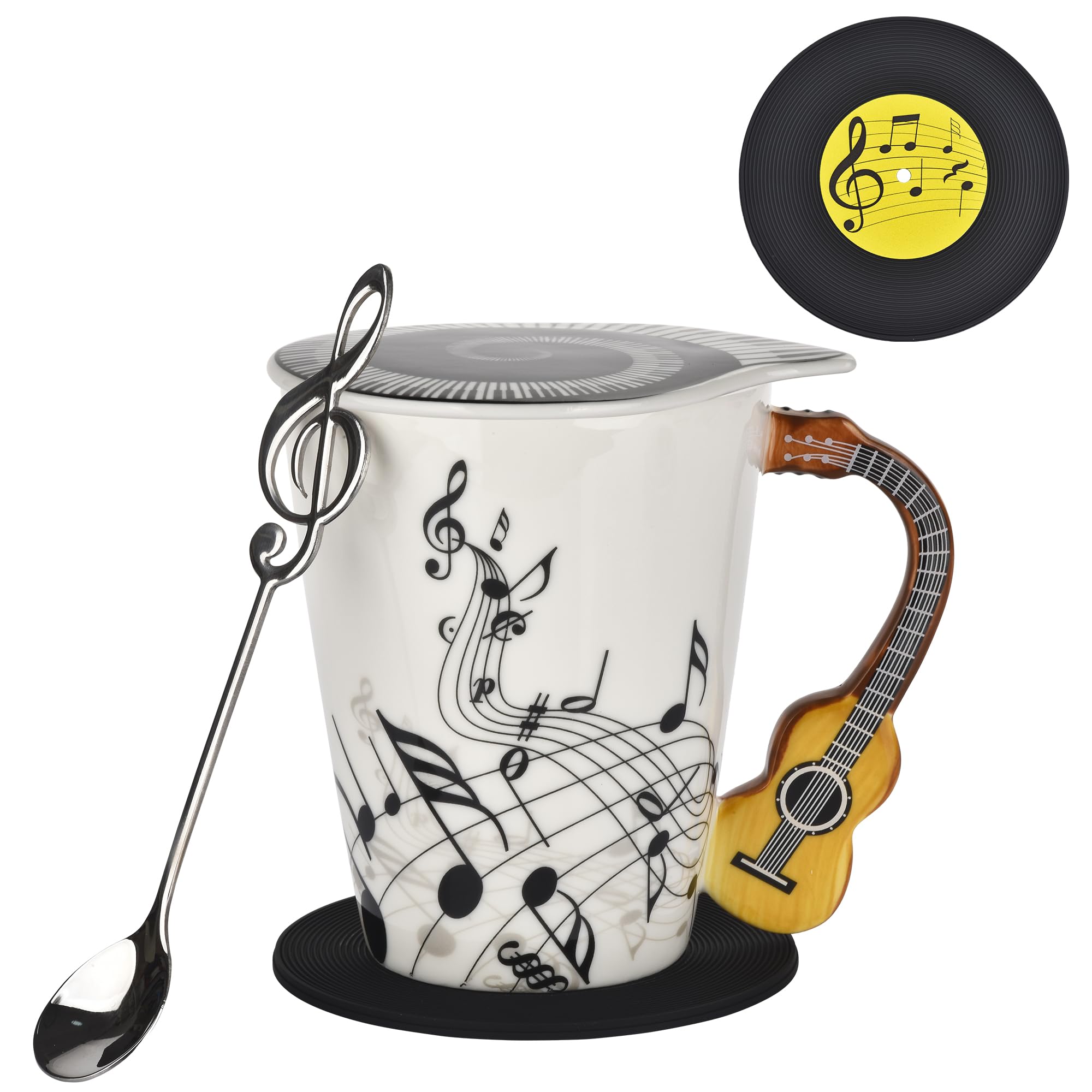 Taza BUYNEED guitarra con notas musicales, ideal para café diario
