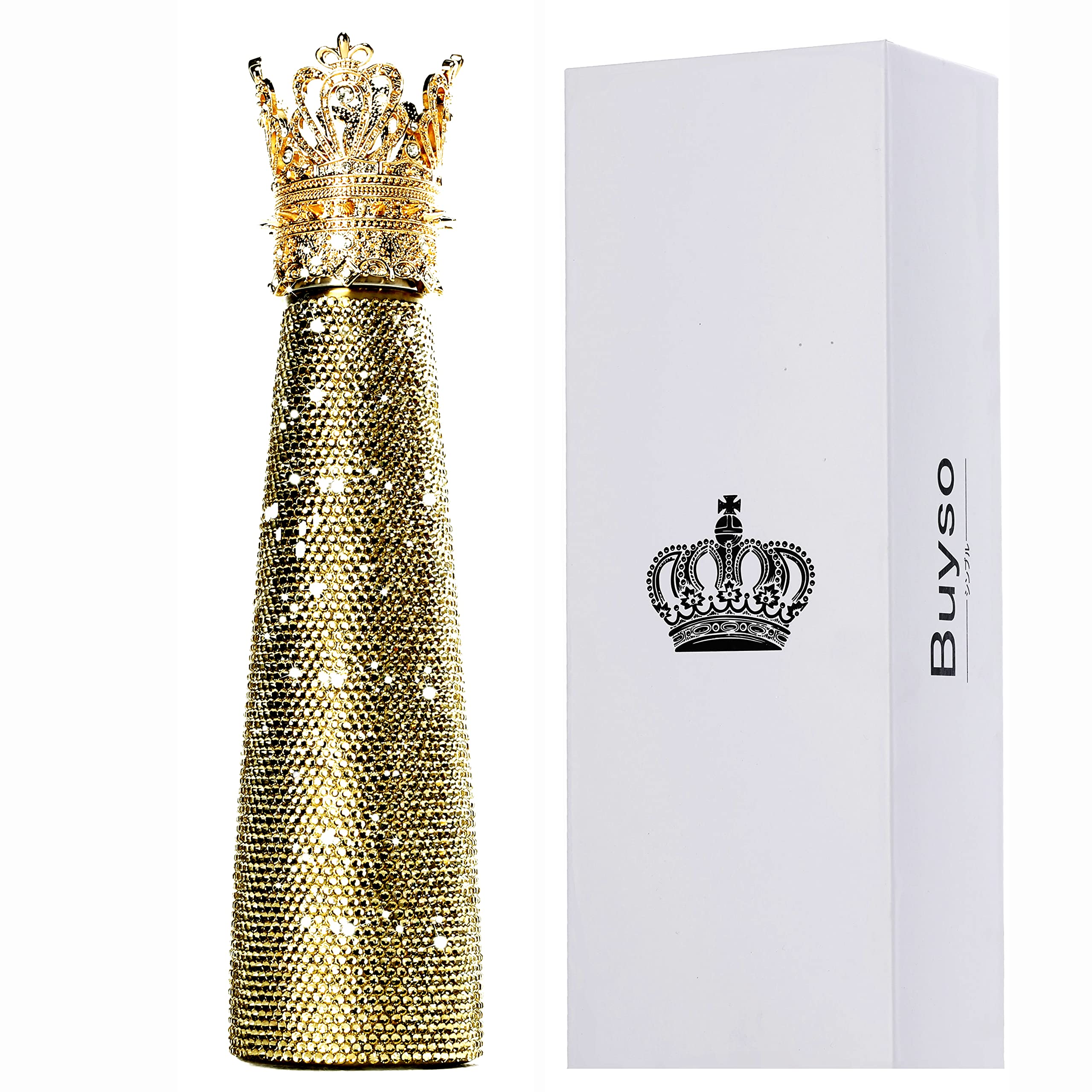 Botella Buyso Diamante dorada con incrustaciones brillantes para un look glamuroso.