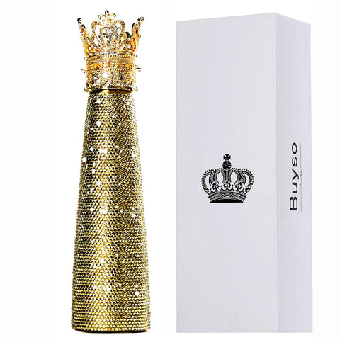 Botella Buyso Diamante dorada con incrustaciones brillantes para un look glamuroso.
