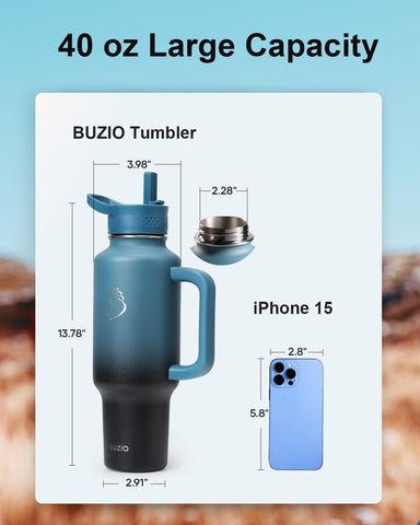BUZIO 40oz en la mano, ideal para uso diario.
