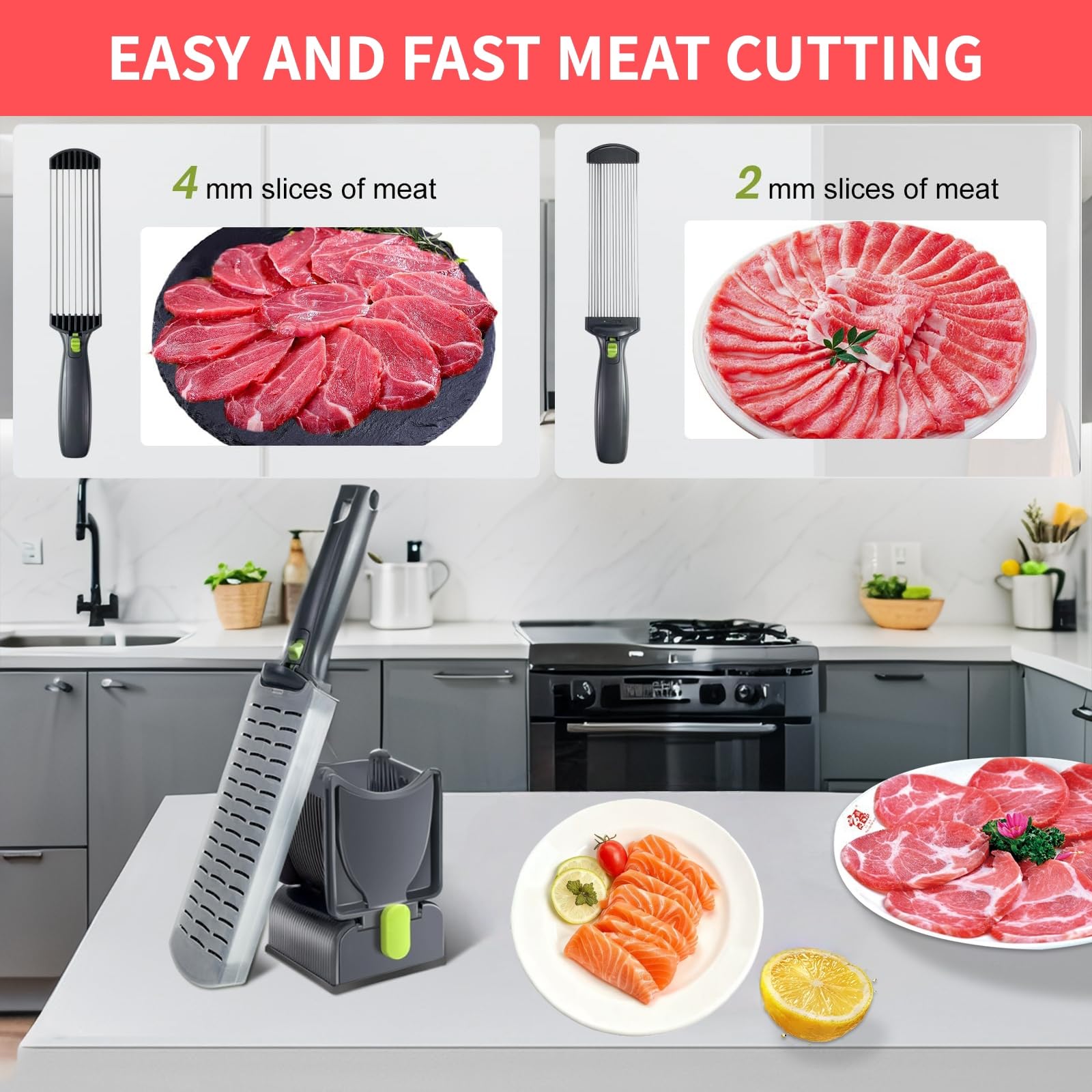 Cortador manual de carne Bwhhoxi con hoja de 4 mm para rebanar grueso en casa.