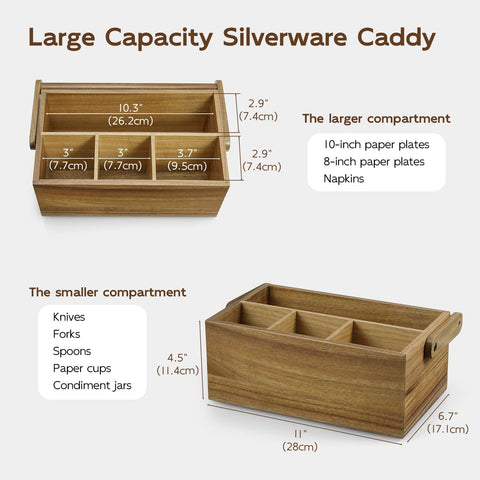 BWODYAY Porta-utensilios de acacia con 4 compartimentos para cubiertos.