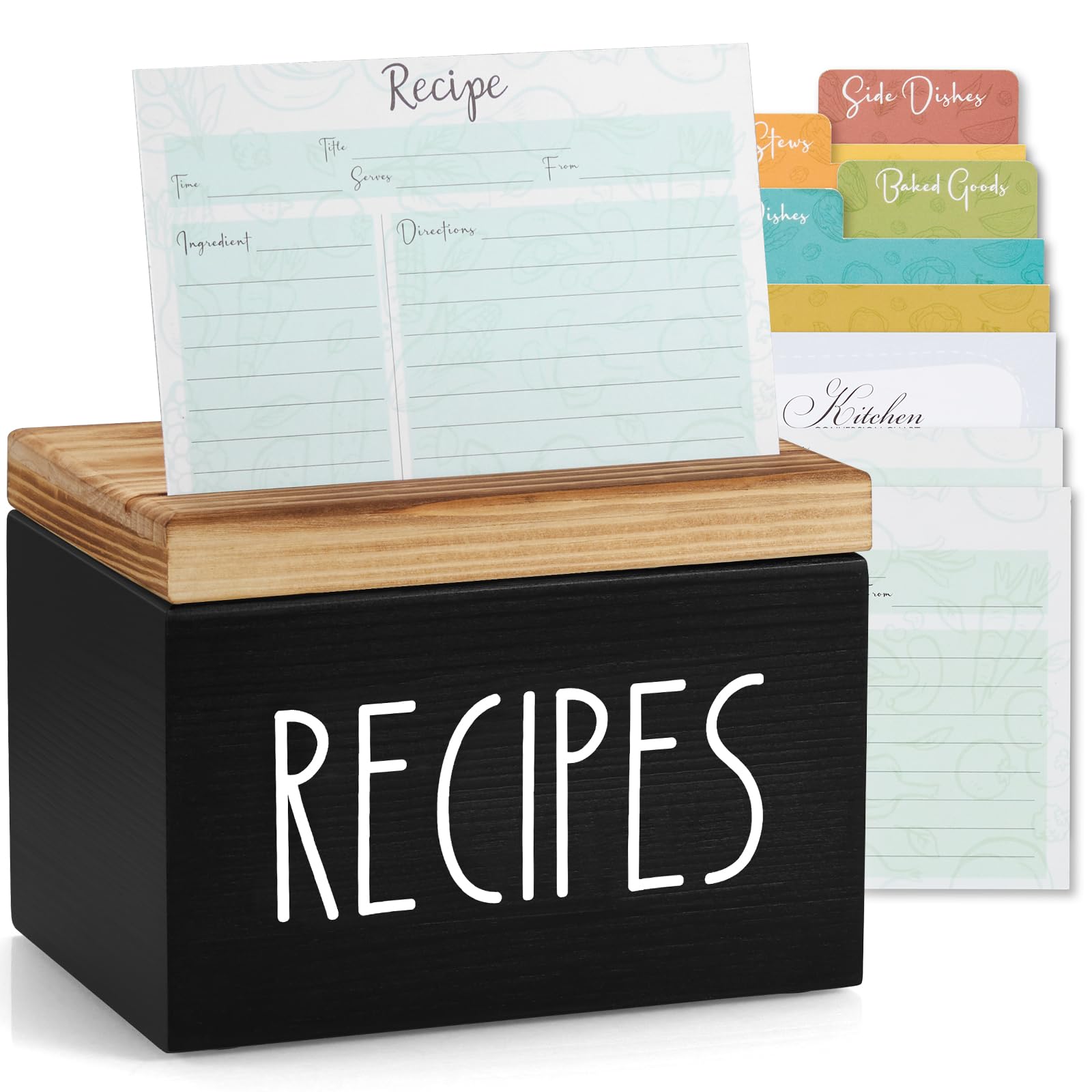BWODYAY caja-recetas-madera-4x6-negra para organizar tus recetas favoritas.