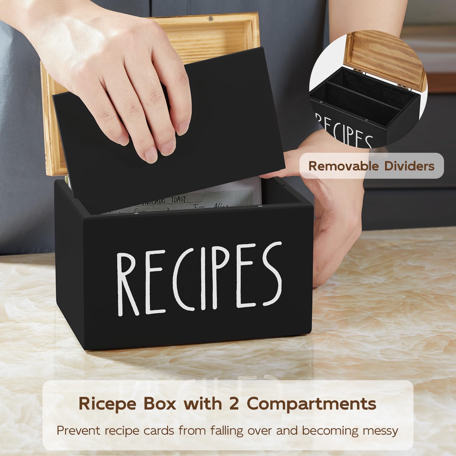 BWODYAY interior-caja-recetas-4x6-y-divisores facilita clasificar ingredientes y pasos.