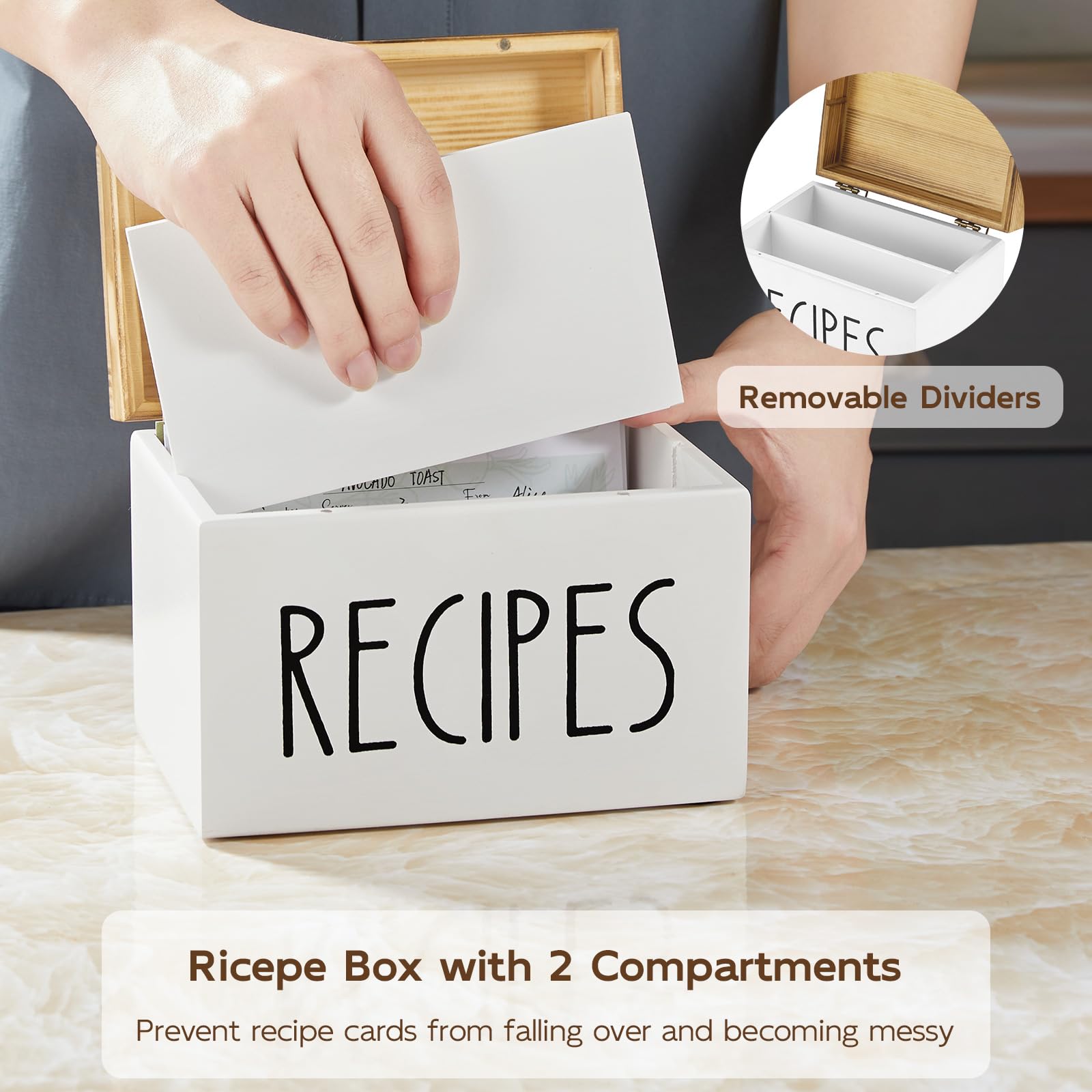 BWODYAY Recetario caja de madera blanca, elegante y duradera para conservar tus recetas.
