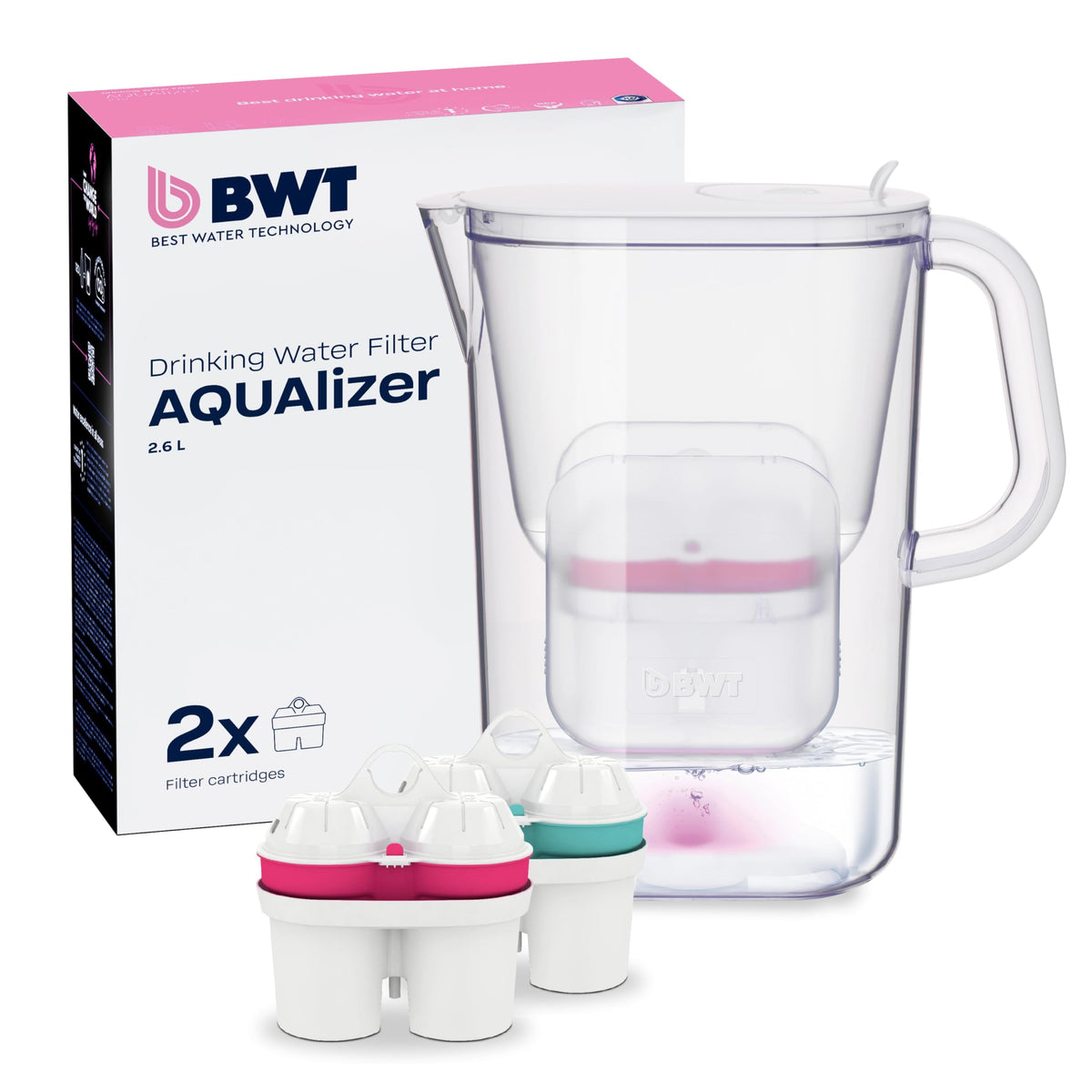 Jarra BWT AQUAlizer Baselight vista frontal para uso diario de agua filtrada