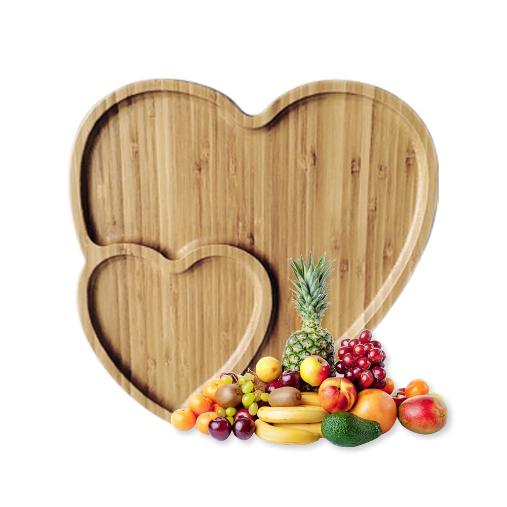 BWWNBY Bandeja corazón doble de madera para quesos y aperitivos.