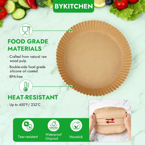 BYKITCHEN papel para freidora resistente al calor hasta 232°C, seguridad en la cocción