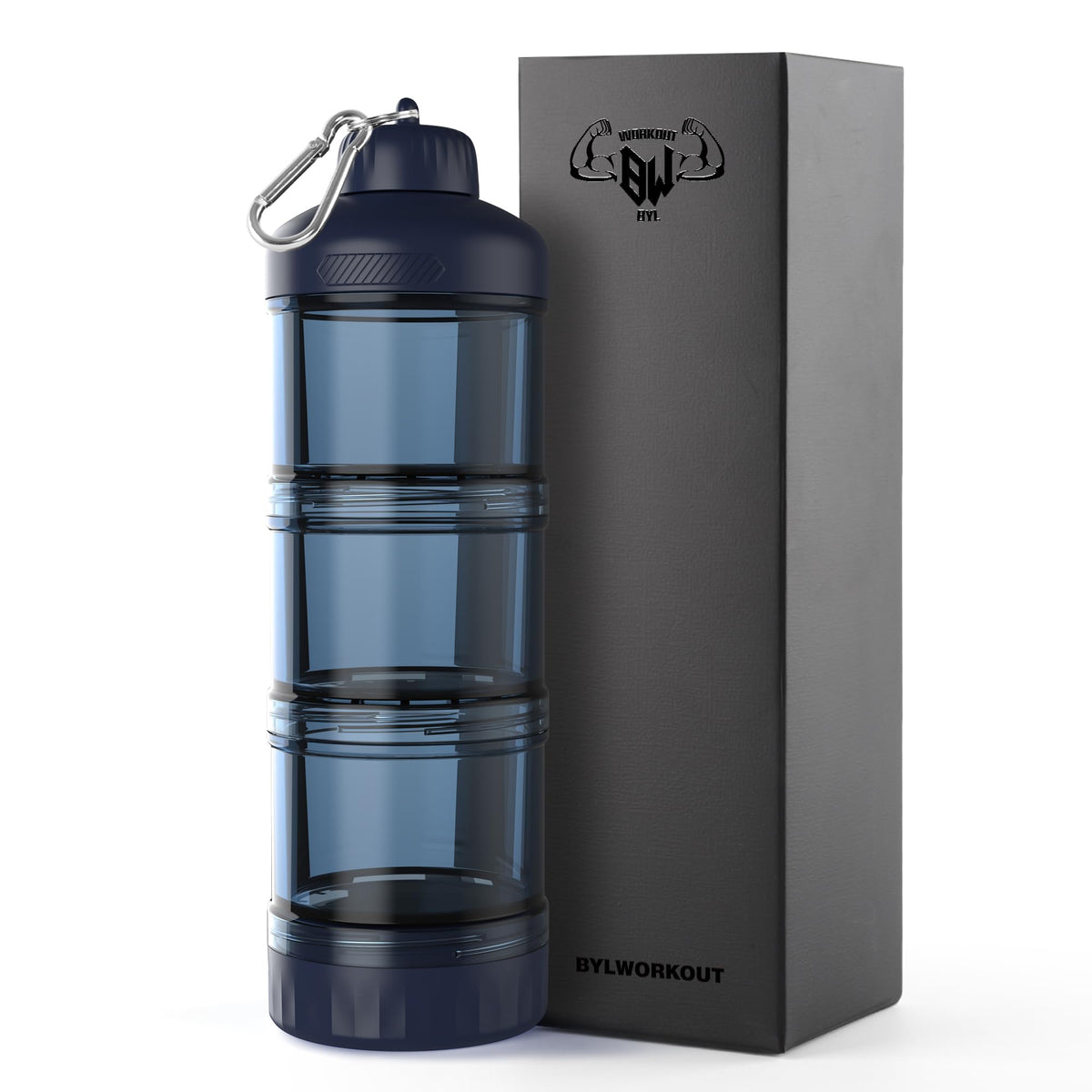 BYLWORKOUT contenedor de proteínas de tres capas, listo para viaje.