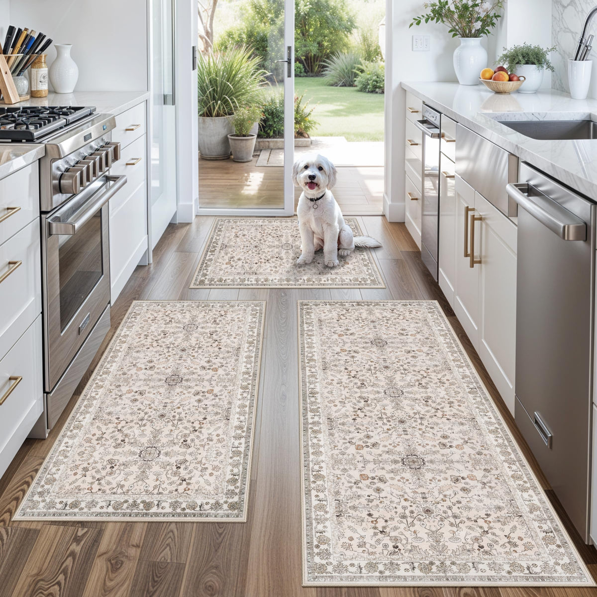 BYYVOO juego de alfombras de cocina 2x3 beige, antideslizantes y fáciles de limpiar.