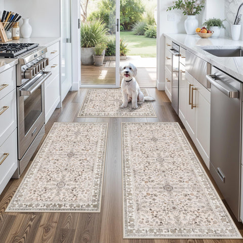 BYYVOO juego de alfombras de cocina 2x3 beige, antideslizantes y fáciles de limpiar.