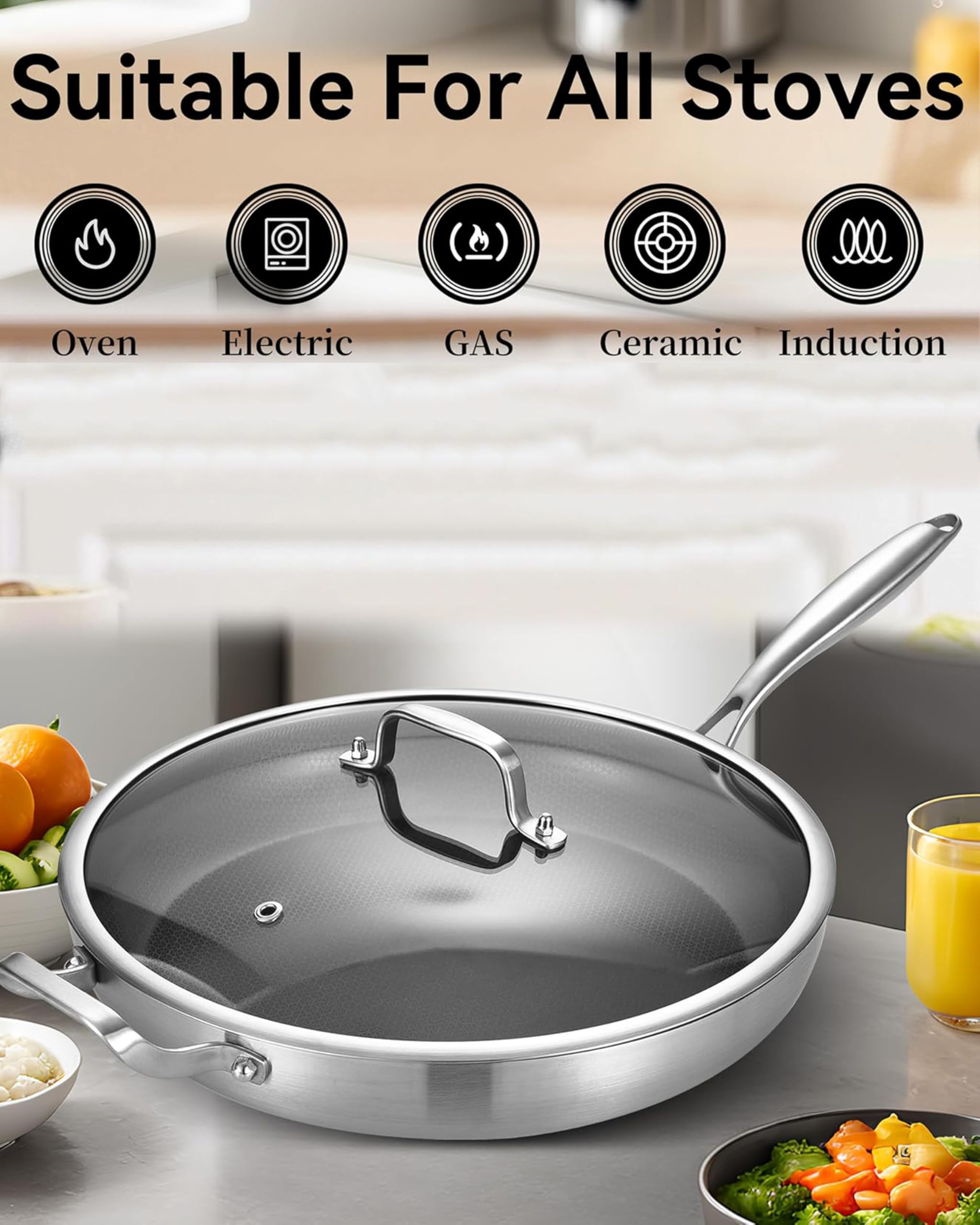 Sartén apta para horno e inducción, versatilidad para distintas recetas.