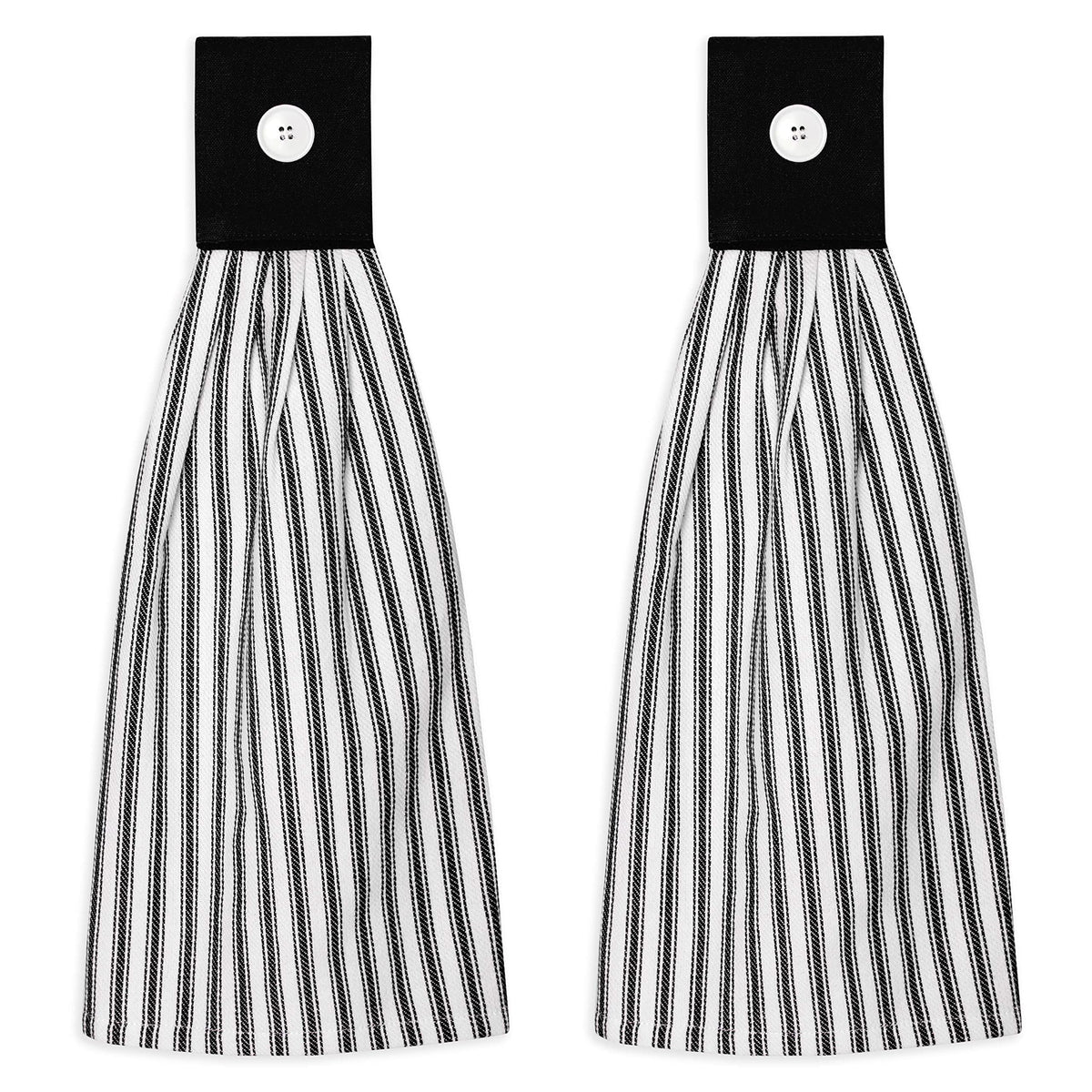Toalla de cocina Cackleberry Home con rayas negras y blancas, ideal para secar platos.