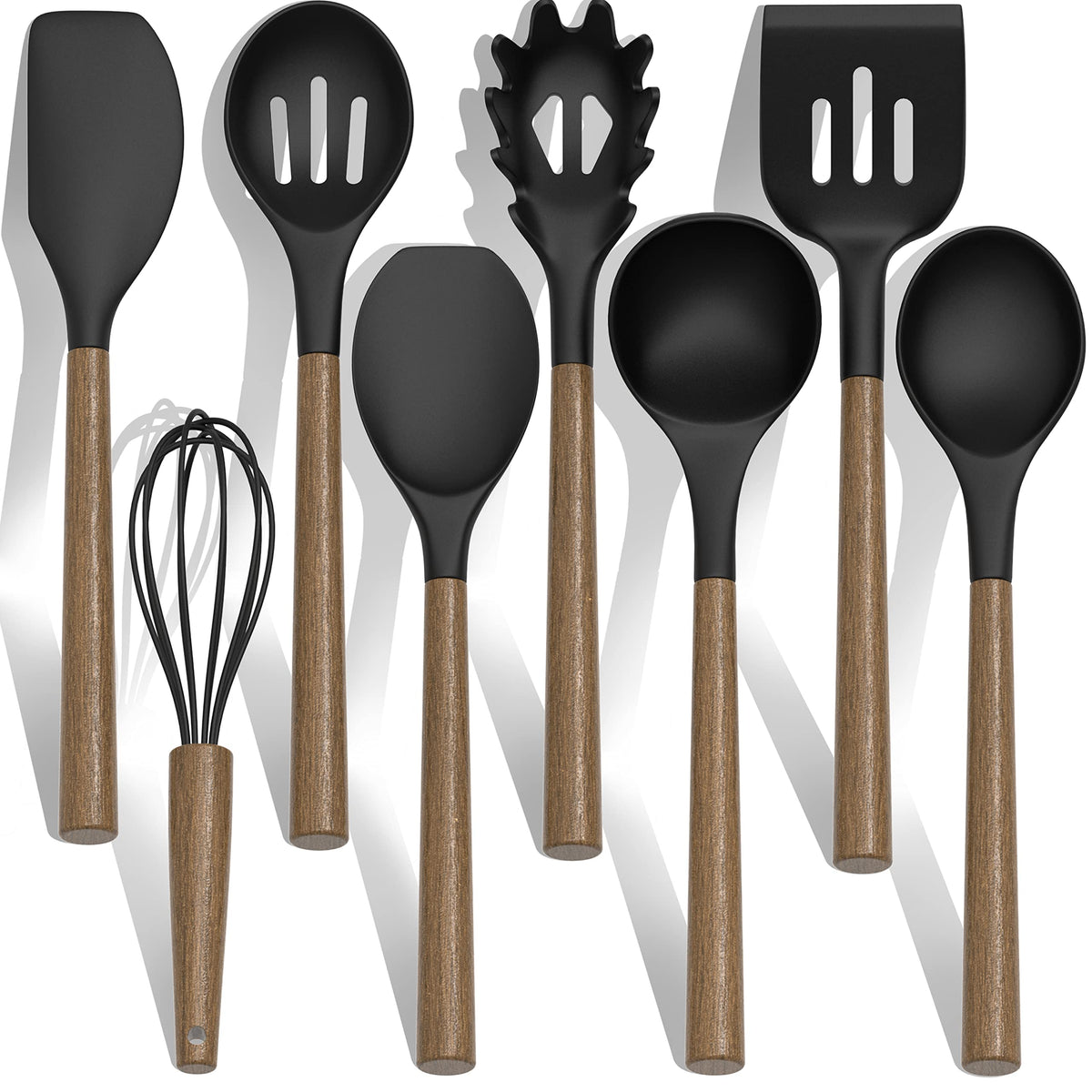 CACOLES juego de utensilios silicona con mango de madera en porta-utensilios para cocinas ordenadas.