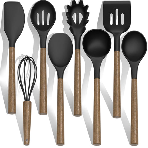 CACOLES juego de utensilios silicona con mango de madera en porta-utensilios para cocinas ordenadas.