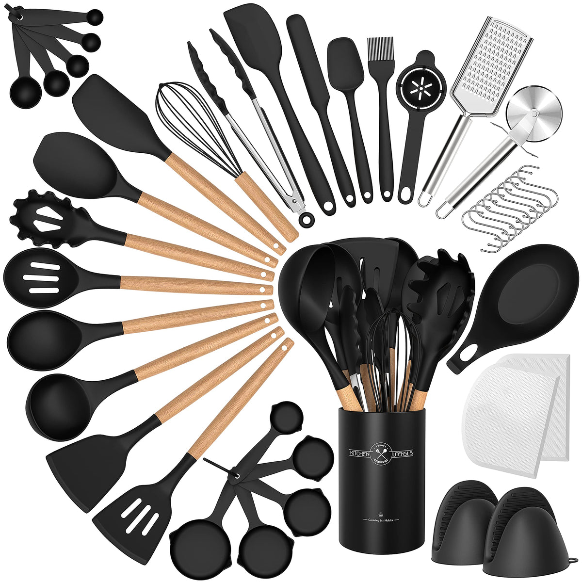CACOLES set de utensilios de silicona 43 piezas sobre encimera, ideal para cocinar sin rayar.