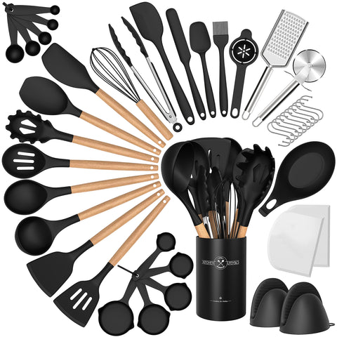 CACOLES set de utensilios de silicona 43 piezas sobre encimera, ideal para cocinar sin rayar.