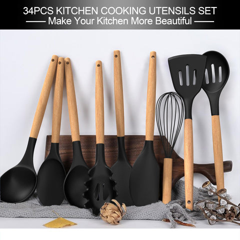 CACOLES utensilios silicona con mango de madera, agarre cómodo para cocinar.