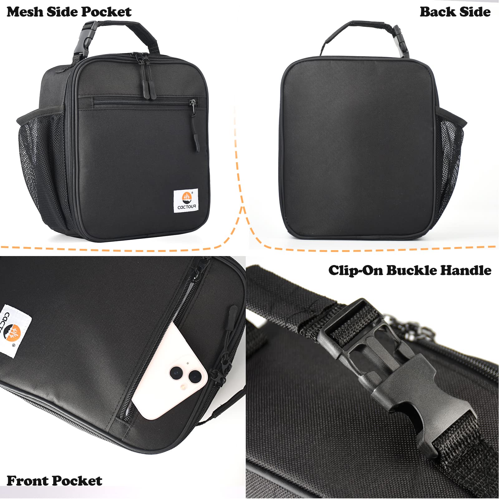 CaCTOUR lonchera negra, dimensiones compactas para bolso o mochila.