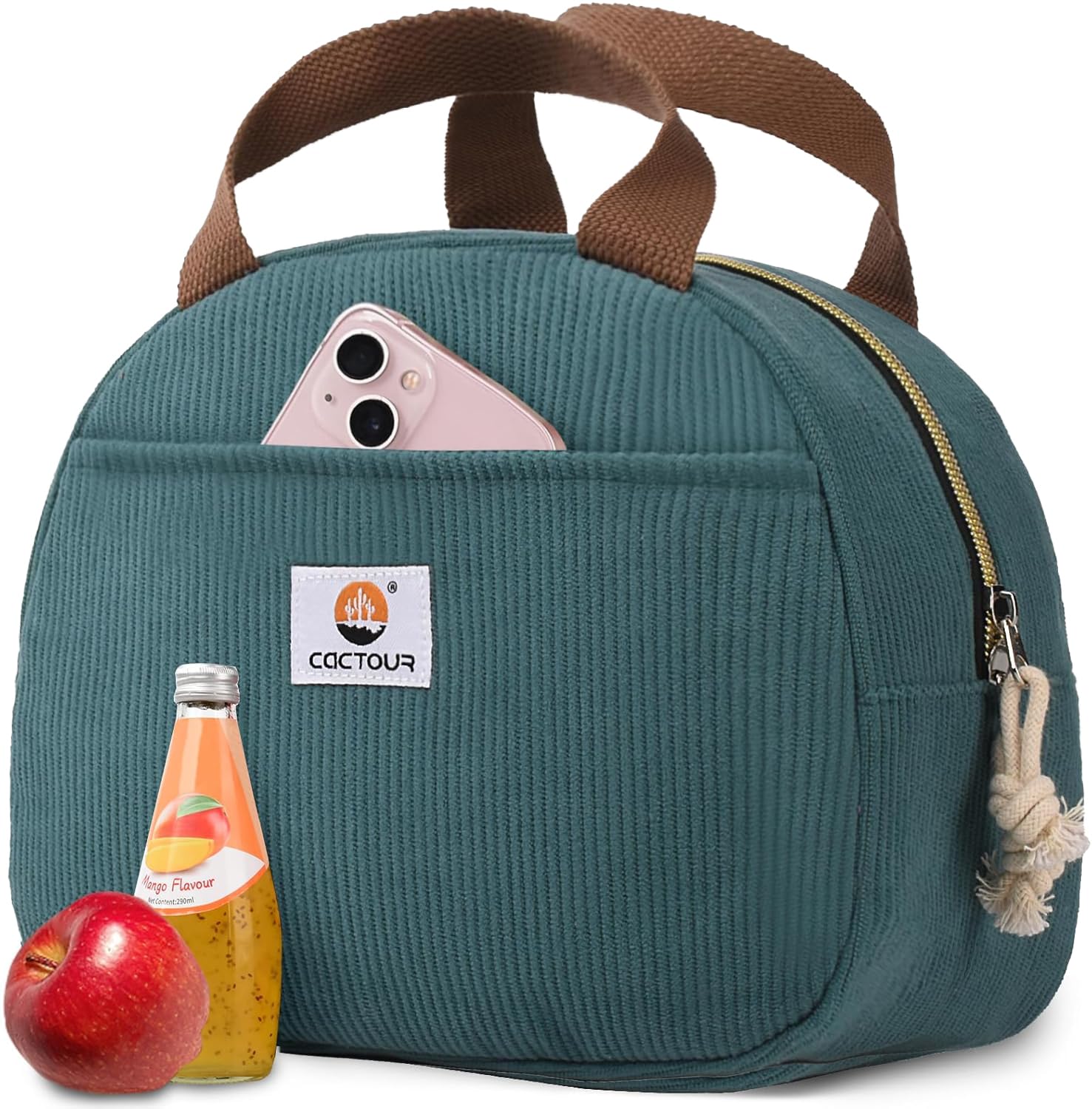 Lonchera CaCTOUR de tela canalé Verde Lago, amplio compartimento para comidas y bebidas.