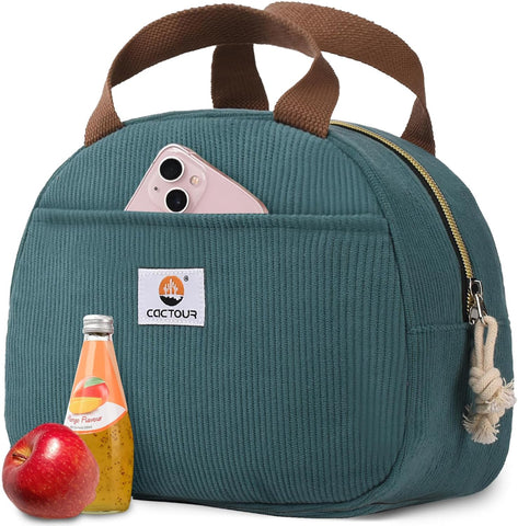 Lonchera CaCTOUR de tela canalé Verde Lago, amplio compartimento para comidas y bebidas.