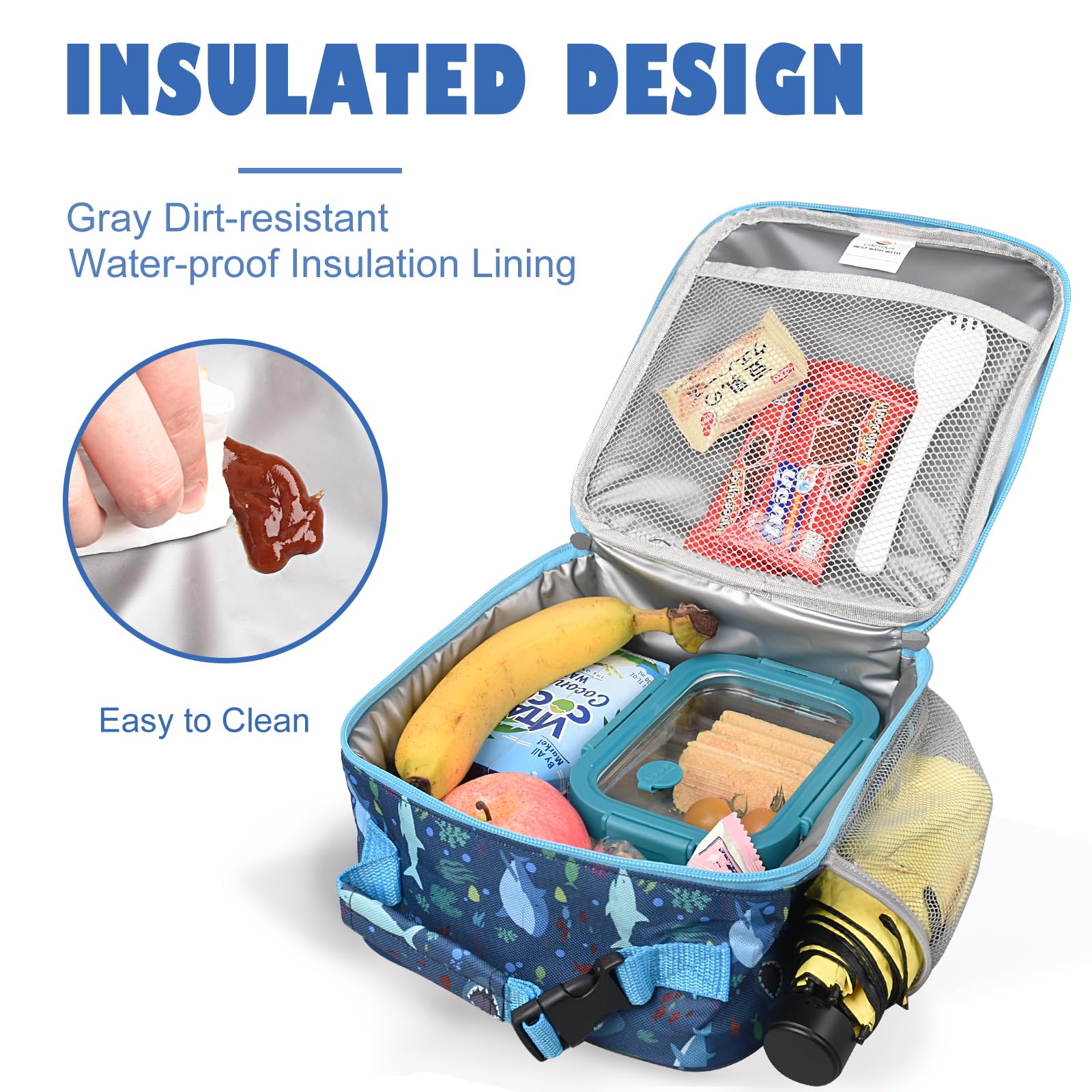 CaCTOUR Lunch Box Kids Shark, cremallera doble para mayor durabilidad.